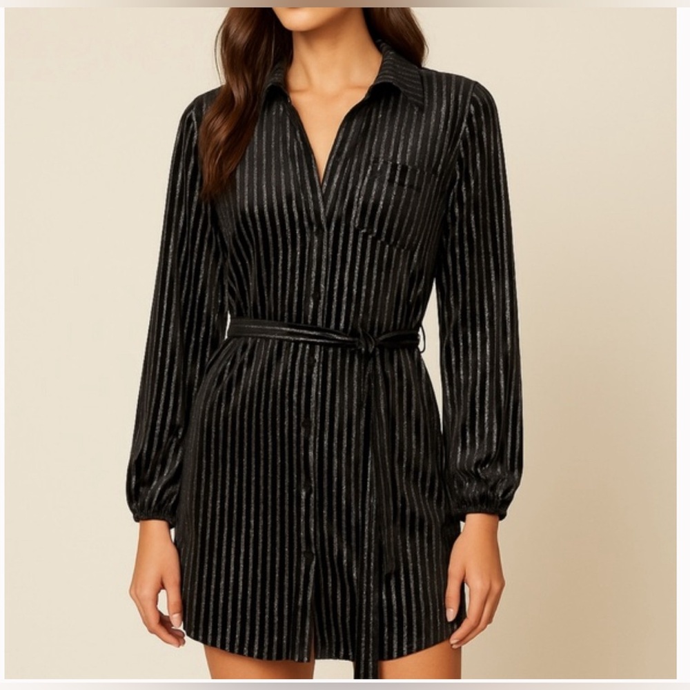 House of Harlow 1960 Black Shimmer Collared Velvet Shirt-Wrap Dress button up